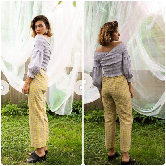 Anthropologie Find Me Now Gingham Wide Leg Pants Women Small Yellow Purpe Dainty - Picture 3 of 16